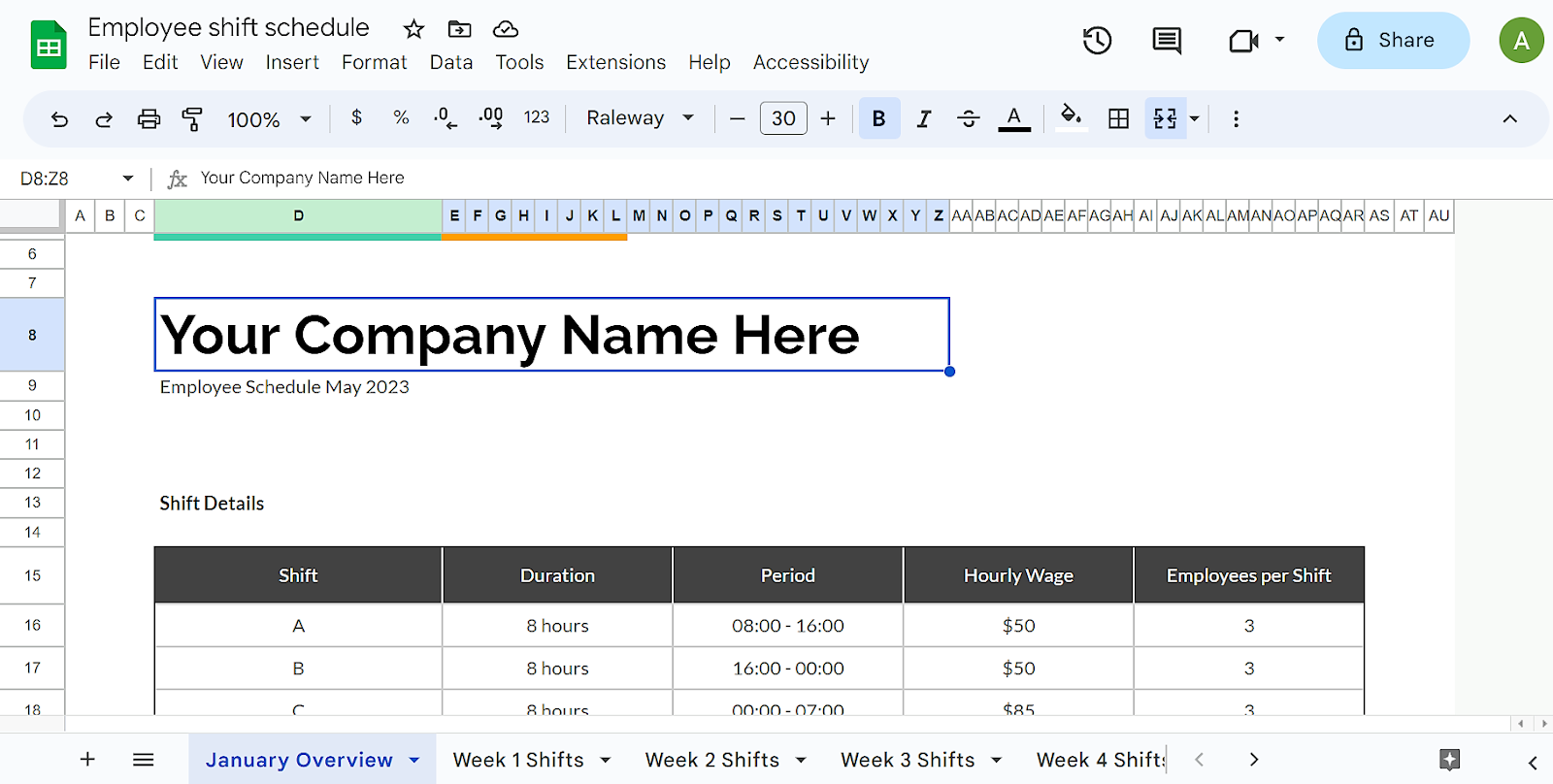 Customize your company name/date/retail shifts