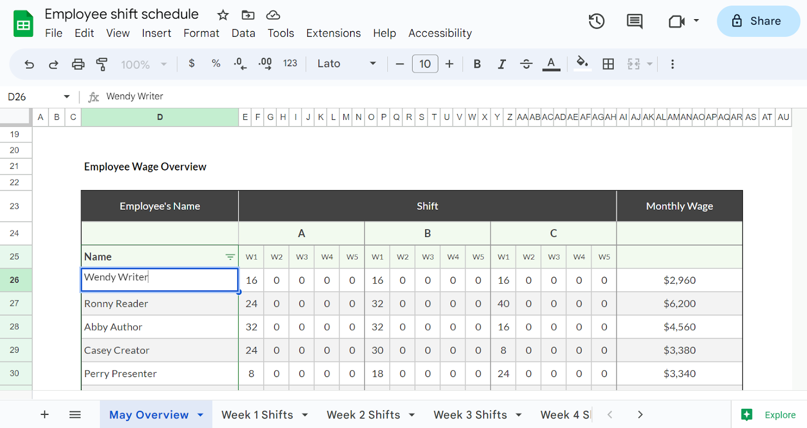 Plug in staff names & rates in your monthly overview