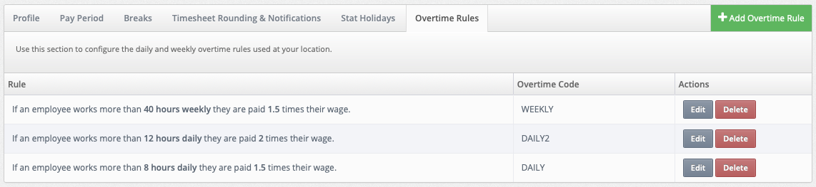 Custom overtime and stat holiday pay rules.